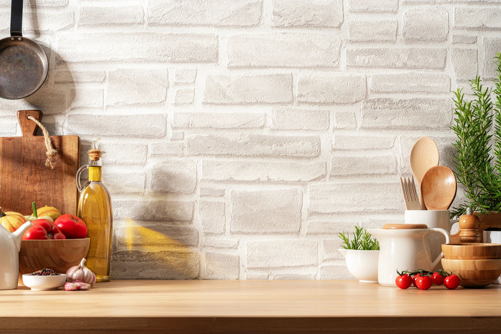 Kitchen counter scene with ingredients and utensils